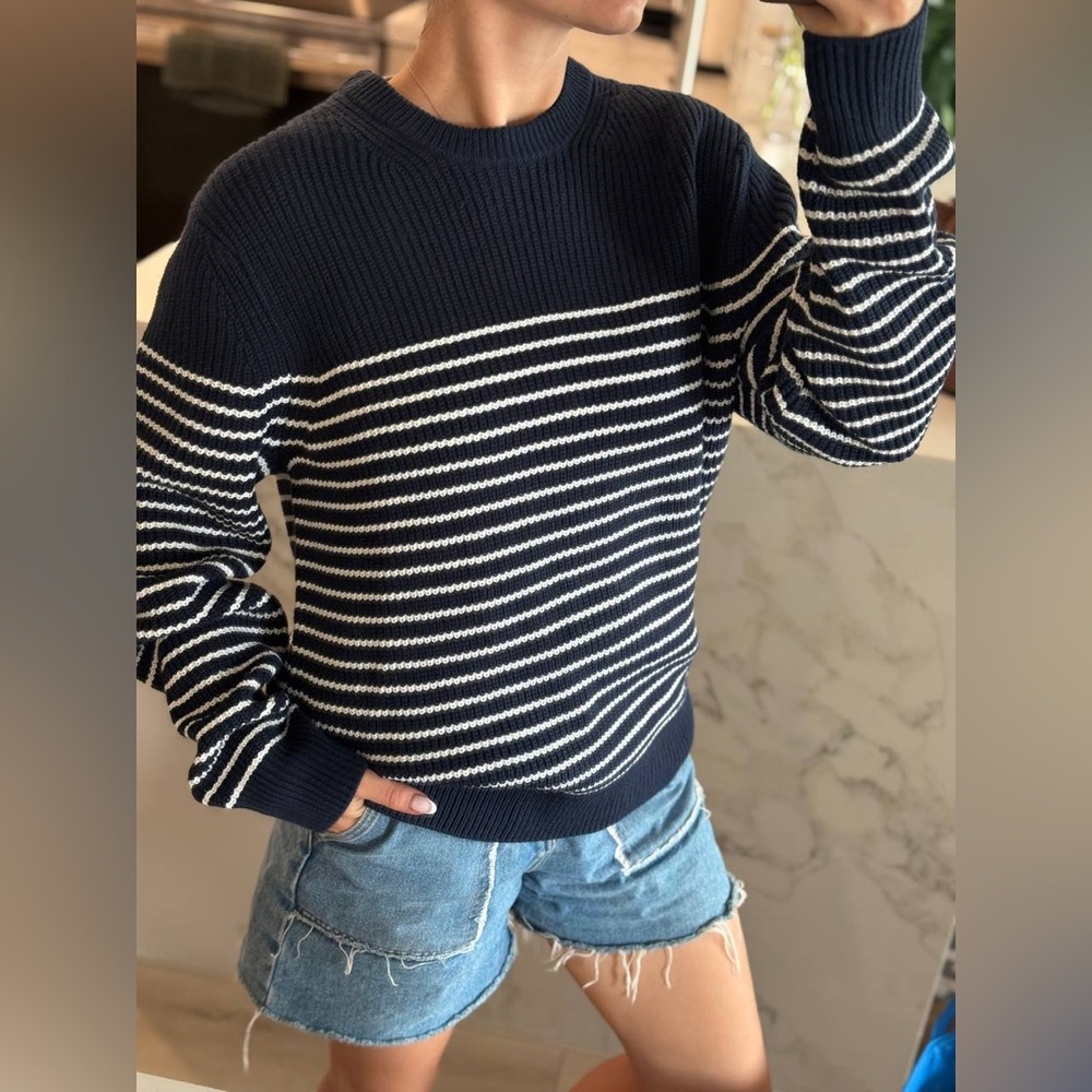 Michael Kors Navy and White Striped Turtleneck Sweater